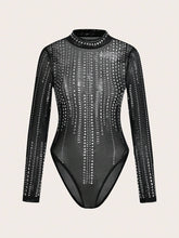 2024 New Style Elegant Long Sleeve Mesh Sheer Rhinestone Embellished Bodysuit - L